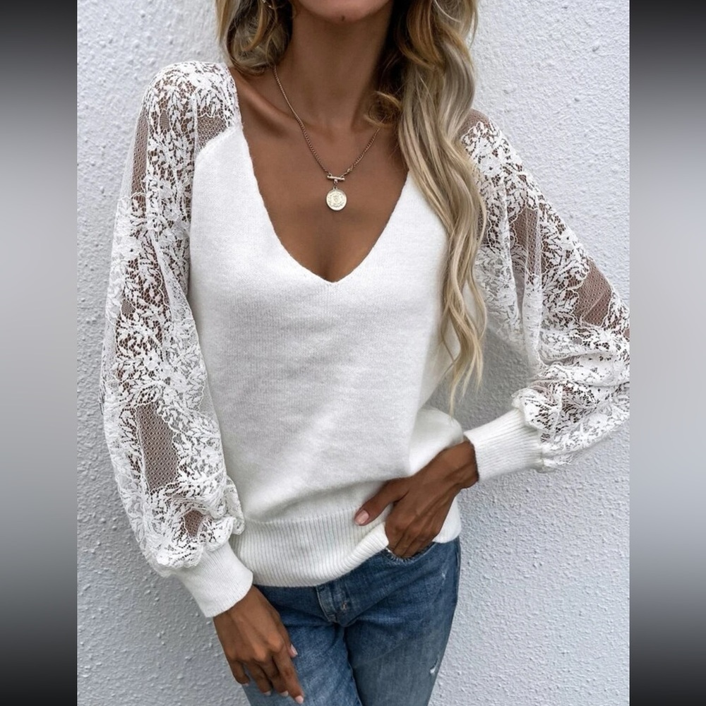 Shein White Lace Sleeve Sweater